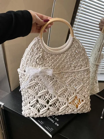 Vrouwen Retro Hol Geweven Handtas Katoen Linnen Macramé Tote Tas Met Ronde Houten Handvat Parel Kant Strik Grote Strandtas