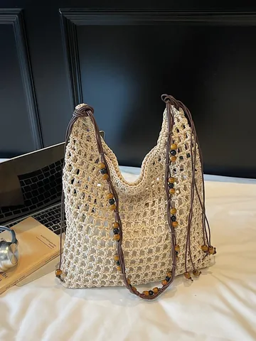 Borsa Tote in Rete Intrecciata a Mano Borsa a Spalla All'uncinetto Con Perle di Legno Borsa da Spiaggia Boema Donna