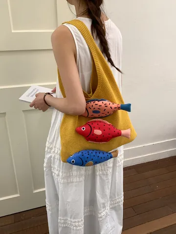 Bolso Tote de Punto de Gran Capacidad para Mujer Con Decoración de Pez Relleno 3D Bolso de Hombro de Ganchillo Casual Artístico