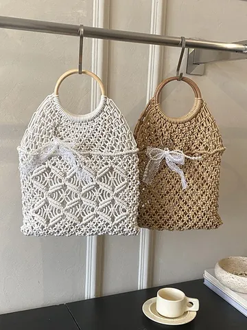 Vrouwen Retro Hol Geweven Handtas Katoen Linnen Macramé Tote Tas Met Ronde Houten Handvat Parel Kant Strik Grote Strandtas