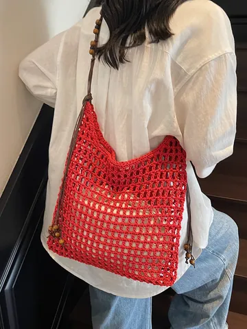 Borsa Tote in Rete Intrecciata a Mano Borsa a Spalla All'uncinetto Con Perle di Legno Borsa da Spiaggia Boema Donna