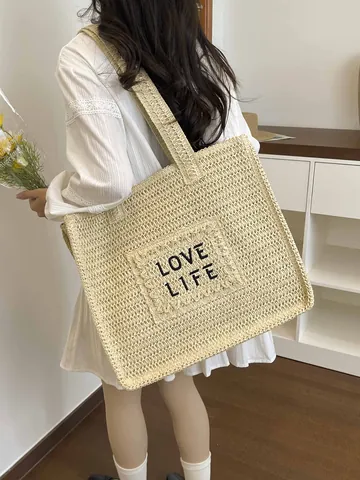 Women Straw Woven Beach Tote Bag Large Capacity LOVE LIFE Embroidery Shoulder Bag Summer Vacation Handbag Stitching Handle Bag