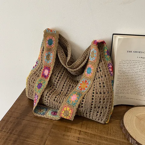 Bolso Tote de Ganchillo Tejido Casual para Mujer Bohemio Calado Bolso de Hombro Gran Capacidad Bolso de Playa
