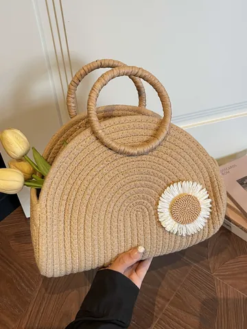 Bolso de Mano de Paja Tejida para Mujer Vacaciones en la Playa Semicircular Gran Capacidad Bolso de Verano Margarita Caqui Estilo Pastoral