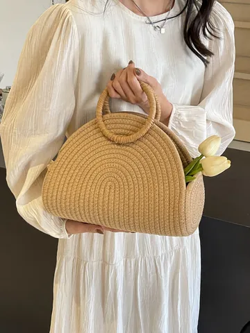 Bolso de Mano de Paja Tejida para Mujer Vacaciones en la Playa Semicircular Gran Capacidad Bolso de Verano Margarita Caqui Estilo Pastoral