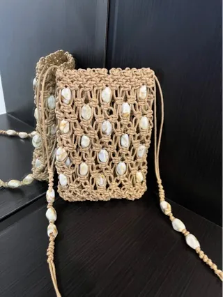 Bohemian Handmade Woven Mobile Phone Bag For Women Cotton Rope Macrame Crossbody Bag With Shell Marble Beads Vacation Travel Shoulder Bag