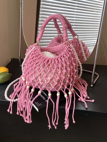 Bohemian Woven Bucket Bag For Women Hand-woven Hollow Out Mesh Beach Bag With Tassels Wood Beads Pearl Strap Shoulder Crossbody Bag