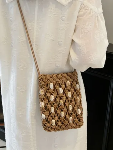 Bohemian Handmade Woven Mobile Phone Bag For Women Cotton Rope Macrame Crossbody Bag With Shell Marble Beads Vacation Travel Shoulder Bag
