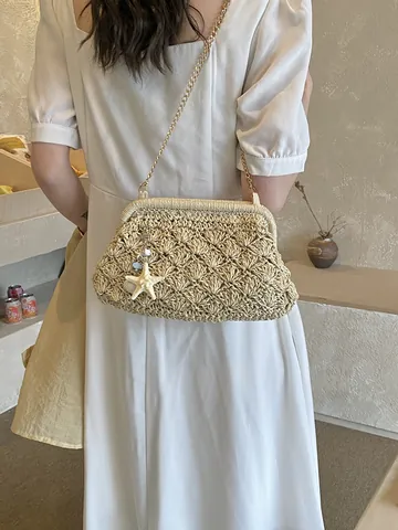 Handgewebte Umhängetasche Aus Papierstroh Für Damen Vintage Muschelform Sommer Strandurlaub Schultertasche Mit Seestern-Anhängern Und Metallkette