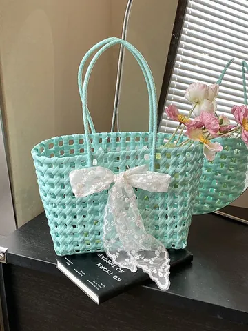 Women Woven Tote Bag Hollow Out Lace Bow Handbag Lightweight Shoulder Bag Summer Beach Vacation Pastoral Style Casual Daily Bag