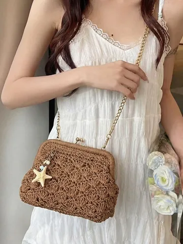 Handgewebte Umhängetasche Aus Papierstroh Für Damen Vintage Muschelform Sommer Strandurlaub Schultertasche Mit Seestern-Anhängern Und Metallkette