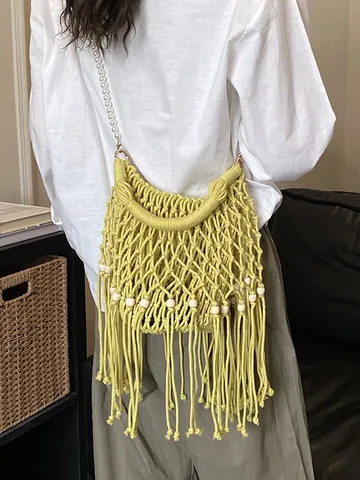 Bohemian Woven Bucket Bag For Women Hand-woven Hollow Out Mesh Beach Bag With Tassels Wood Beads Pearl Strap Shoulder Crossbody Bag