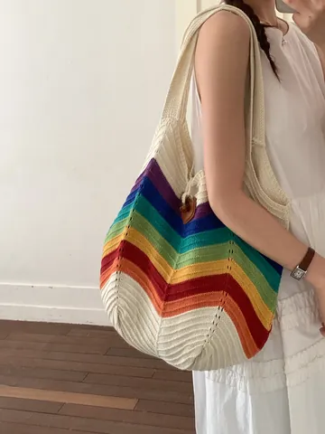 Women's Rainbow Striped Knitted Tote Bag Large Capacity Bohemian Crochet Shoulder Bag For Beach Seaside Vacation Travel