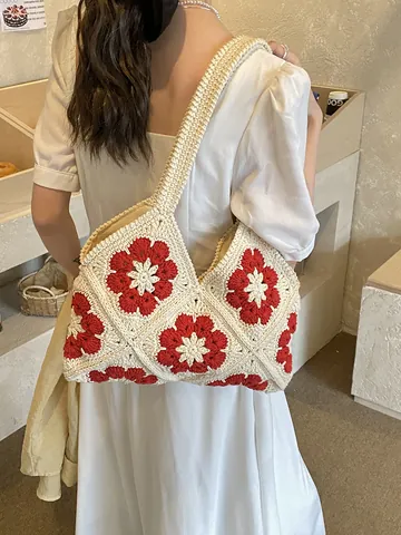 Handmade Crochet Tote Bag For Women Vintage Flower Pattern Woven Shoulder Bag Bohemian Beach Vacation Knit Handbag