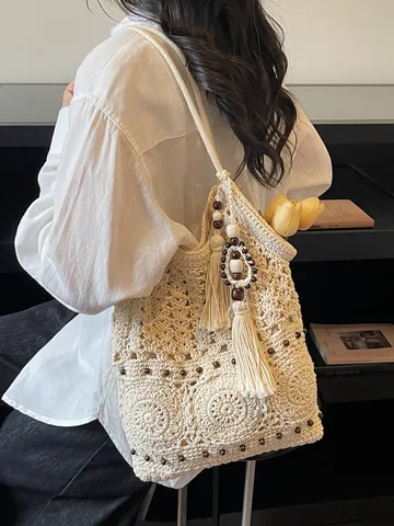 Handmade Crochet Tote Bag For Women Bohemian Hollow Woven Shoulder Bag With Tassels And Wood Beads Beach Vacation Handbag
