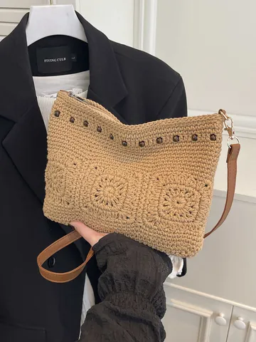Bohemian Handmade Crochet Woven Shoulder Bag Women Large Capacity Beach Crossbody Square Bag Bead Decor Vacation Travel