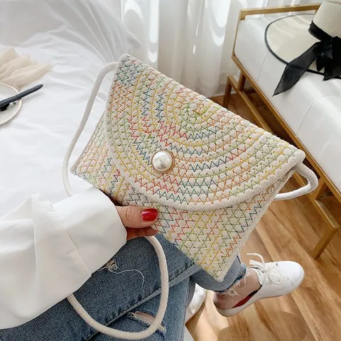 Borsa a Tracolla in Paglia Intrecciata Bohémien da Donna con Fibbia in Perla Artificial Fatta a Mano per Spiaggia Vacanza Borsa a Spalla Estate