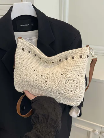 Bohemian Handmade Crochet Woven Shoulder Bag Women Large Capacity Beach Crossbody Square Bag Bead Decor Vacation Travel