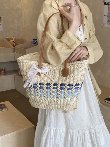 Women Straw Woven Tote Bag Large Capacity Beach Vacation Shoulder Bag With Lace Bow Artificial Pearl Pendant Handcrafted Summer Handbag