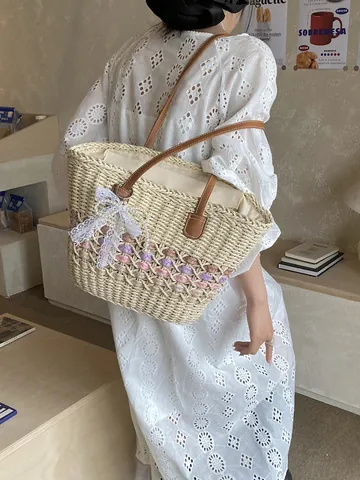Women Straw Woven Tote Bag Large Capacity Beach Vacation Shoulder Bag With Lace Bow Artificial Pearl Pendant Handcrafted Summer Handbag