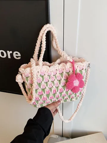 Borsa a Tracolla a Uncinetto Fatta a Mano Donna Dolce Tulipano Girasole Intrecciata Borsa per Cellulare Fibbia di Perla Artificial Borsa in Maglia
