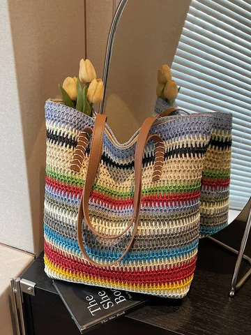 Große Kapazität Damen Stroh Gewebte Tote Bag Regenbogen Gestreifte Strand Schultertasche Mit PU Ledergriff Urlaub Handtasche
