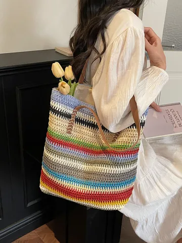 Große Kapazität Damen Stroh Gewebte Tote Bag Regenbogen Gestreifte Strand Schultertasche Mit PU Ledergriff Urlaub Handtasche