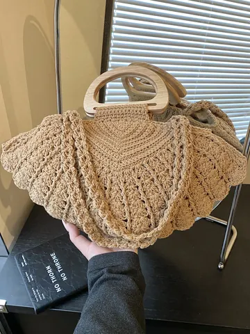 Women Hand-Woven Polycotton Shell Shaped Handbag With Wood Handle Bohemian Casual Straw Shoulder Crossbody Bag For Travel Beach