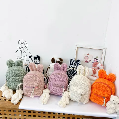 Linda Mochila Mini de Peluche Con Orejas de Conejo de Dibujos Animados para Niñas Pequeña Bolsa Escolar de Sherpa Suave Con Colgante de Oso