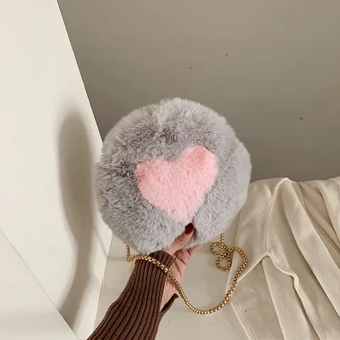 Sac à Bandoulière Rond en Peluche pour Femmes Motif Cœur Fausse Fourrure Avec Chaîne en Métal Doré Sac à Main
