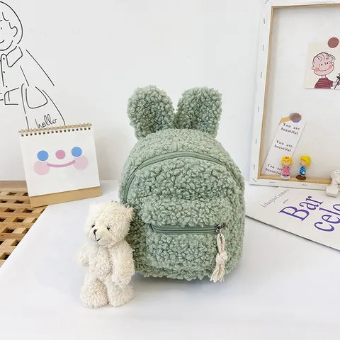 Linda Mochila Mini de Peluche Con Orejas de Conejo de Dibujos Animados para Niñas Pequeña Bolsa Escolar de Sherpa Suave Con Colgante de Oso