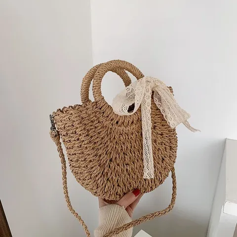 Women's Bohemian Straw Woven Handbag With Lace Bow Summer Beach Crossbody Bag Vacation Half Moon Basket Purse
