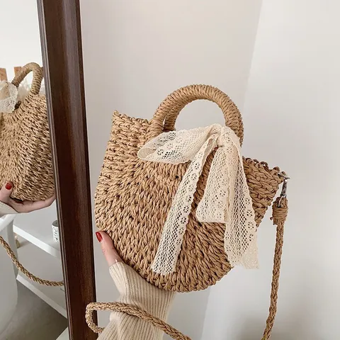 Women's Bohemian Straw Woven Handbag With Lace Bow Summer Beach Crossbody Bag Vacation Half Moon Basket Purse