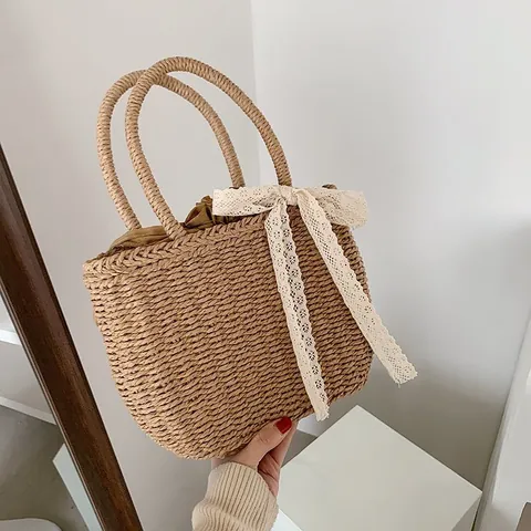 Women's Straw Woven Handbag With Lace Bow Decoration Summer Beach Vacation Large Capacity Travel Bucket Tote Basket Bag