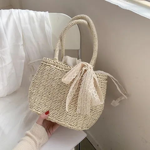 Women's Straw Woven Handbag With Lace Bow Decoration Summer Beach Vacation Large Capacity Travel Bucket Tote Basket Bag