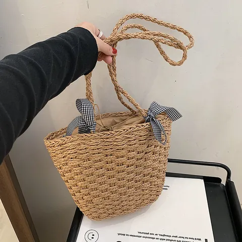 Borsa a Secchiello in Paglia Intrecciata da Spiaggia Estiva per Donna Tote Bag da Vacanza con Decorazione a Fiocco