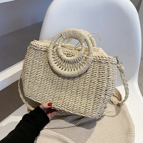 Women Large Capacity Woven Straw Handbag Summer Beach Vacation Shoulder Bag Circular Handle Drawstring Inner Tote Purse