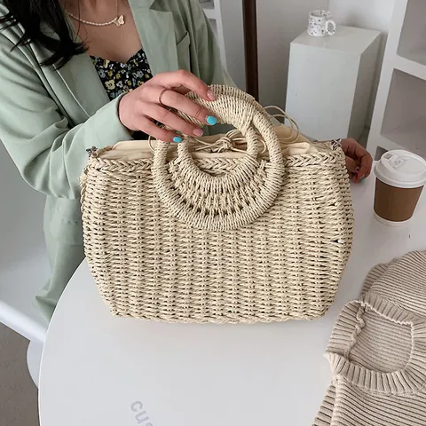 Women Large Capacity Woven Straw Handbag Summer Beach Vacation Shoulder Bag Circular Handle Drawstring Inner Tote Purse