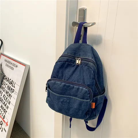 Women's Mini Washed Denim Backpack Casual Street Style Solid Color Small School Bag With Front Zipper Pocket Durable Travel Daypack