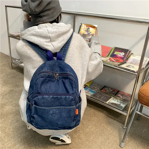 Women's Mini Washed Denim Backpack Casual Street Style Solid Color Small School Bag With Front Zipper Pocket Durable Travel Daypack
