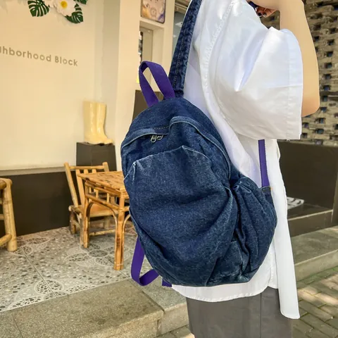 Women Japanese Minimalist Denim Backpack Casual Small Capacity School Bag Washed Blue Lightweight Versatile Street Style Travel Backpack