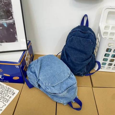 Vintage Washed Denim Backpack Large Capacity Retro School Bag For Women Men Casual Travel Daypack With Contrast Webbing Straps