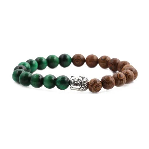 Ethnic Tiger Eye Natural Stone Wood Grain Beads Buddha Head Elastic Bracelet For Men Vintage Religious Jewelry