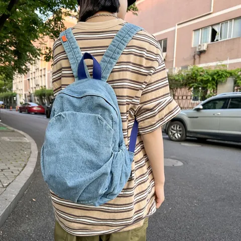 Women Japanese Minimalist Denim Backpack Casual Small Capacity School Bag Washed Blue Lightweight Versatile Street Style Travel Backpack