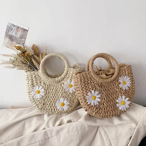 Sac Bandoulière en Paille pour Femme Avec Marguerite Ornement Sac Tissé Main Été Plage Vacances Petit Sac Seau Cordon