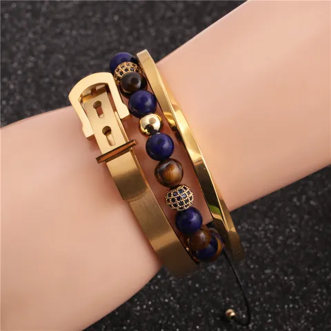 Ensemble de Bracelets Joncs Torsadés en Acier Inoxydable Avec Perles Oeil de Tigre Chiffres Romains Bijoux Réglables