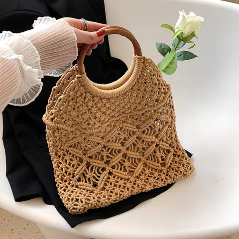 Borsa da Donna in Corda di Cotone Intrecciata a Mano Boho Traforata Borsa da Spiaggia Estiva Con Manici Tondi in Legno