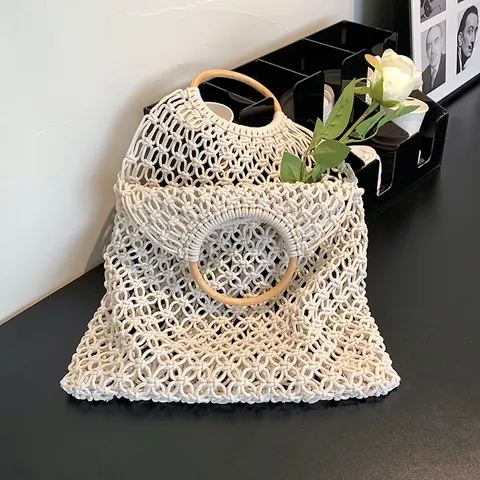 Borsa da Donna in Corda di Cotone Intrecciata a Mano Boho Traforata Borsa da Spiaggia Estiva Con Manici Tondi in Legno
