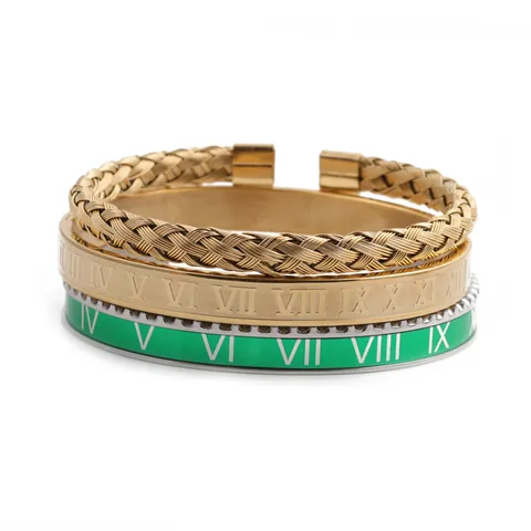 Stainless Steel Roman Numeral Open Cuff Bracelet Enamel Braided Cable Texture Adjustable Bangle Unisex Fashion Jewelry Combination
