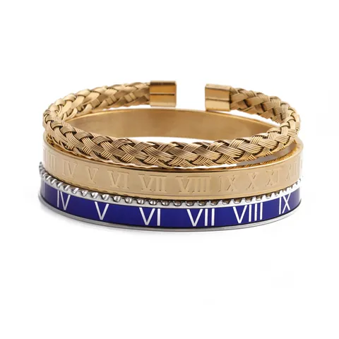 Stainless Steel Roman Numeral Open Cuff Bracelet Enamel Braided Cable Texture Adjustable Bangle Unisex Fashion Jewelry Combination